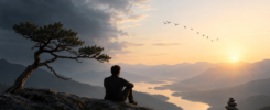 Eine einzelne Person sitzt auf einem Felsen und blickt über eine weite Berglandschaft im warmen Licht der tief stehenden Sonne. Dunkle Wolken gehen in einen hellen Himmel über. Ein einzelner Baum, ein kleiner Steinturm und vorbeiziehende Vögel vermitteln Ruhe, Offenheit und Nachdenklichkeit.