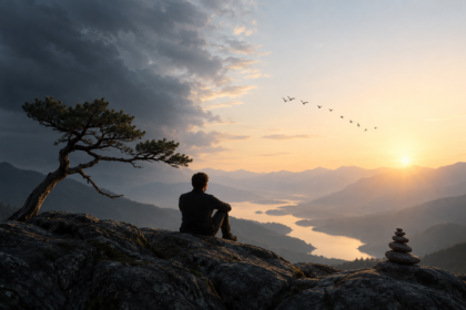Eine einzelne Person sitzt auf einem Felsen und blickt über eine weite Berglandschaft im warmen Licht der tief stehenden Sonne. Dunkle Wolken gehen in einen hellen Himmel über. Ein einzelner Baum, ein kleiner Steinturm und vorbeiziehende Vögel vermitteln Ruhe, Offenheit und Nachdenklichkeit.