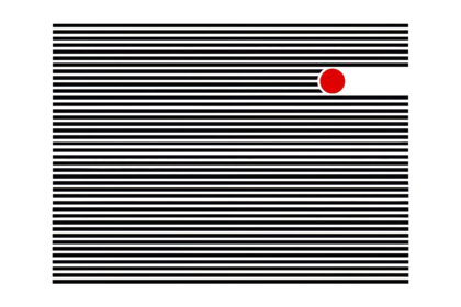 black lines allover, a rot dot in die upper right corner, deleting the lines, while moving to the left